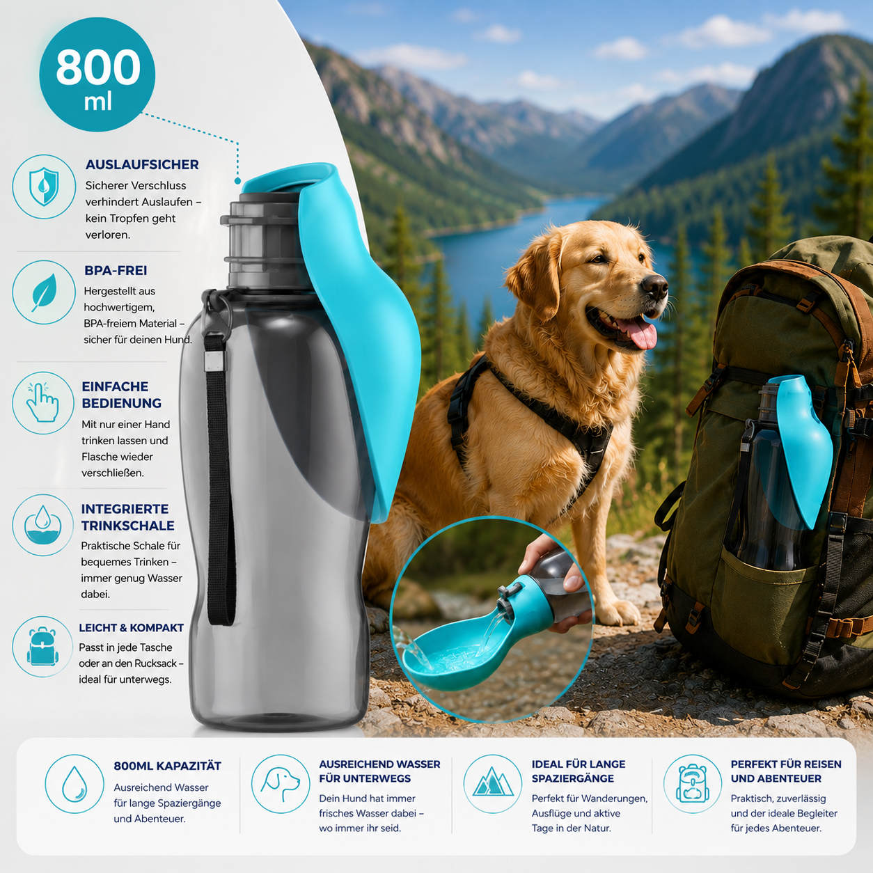 800ml Hundetrinkflasche für Reisen und Ausflüge