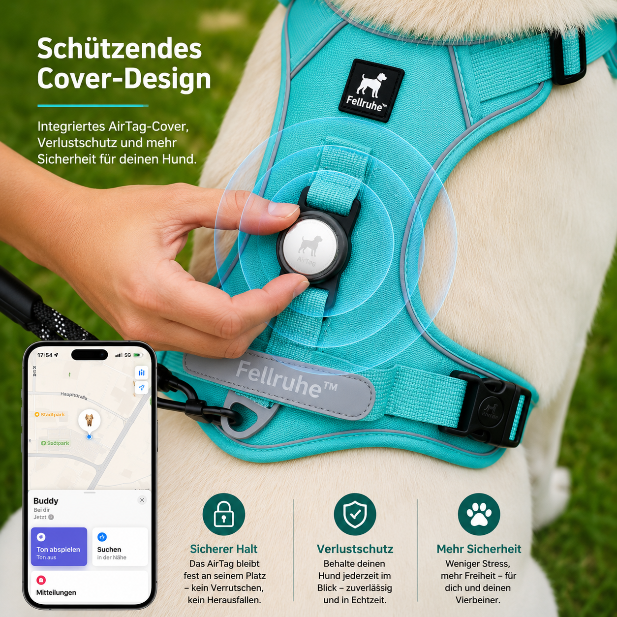 Premium Hundegeschirr mit Leine und AirTag-Fach