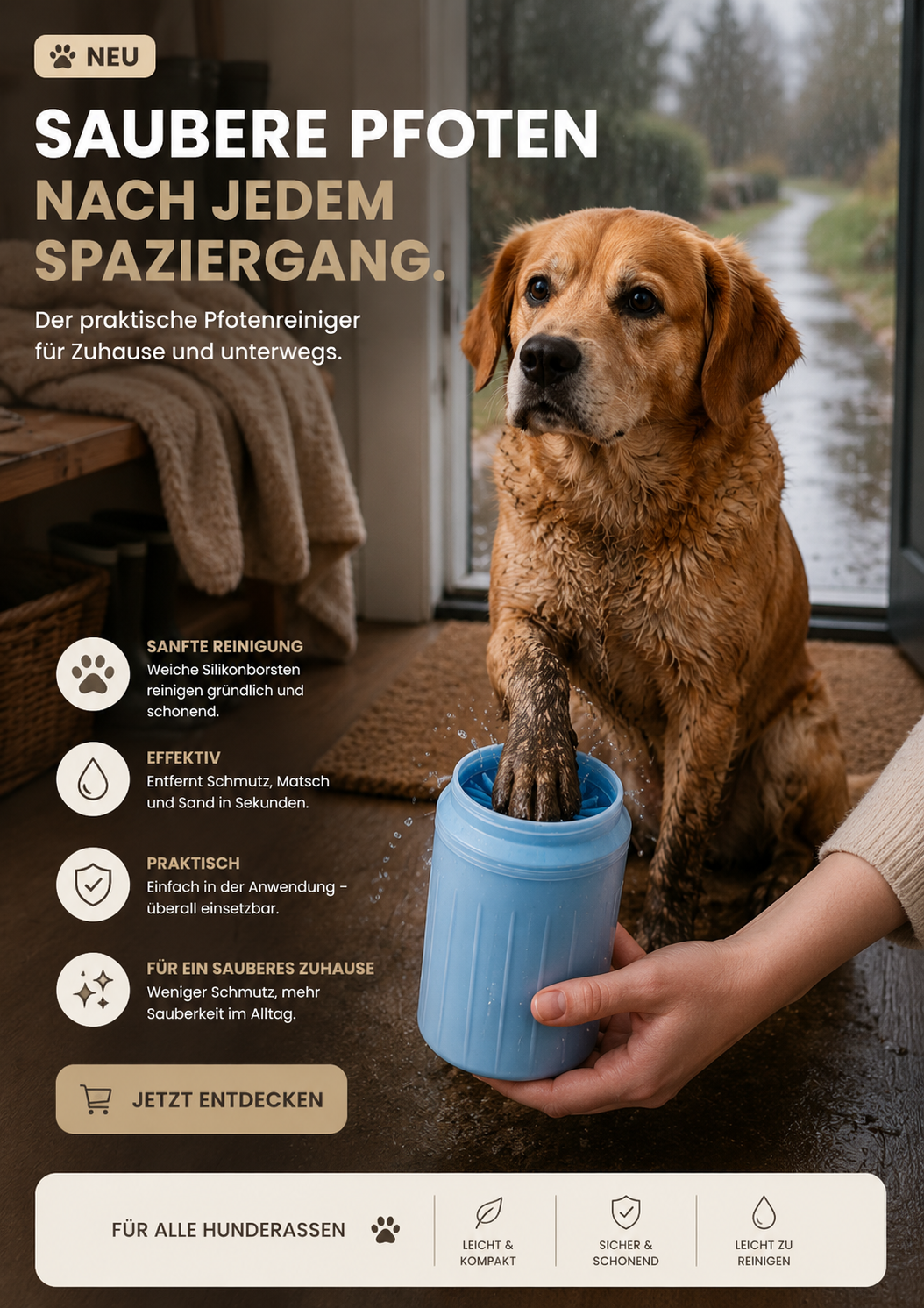 Pfotenreiniger Hund Anwendung mit Wasser