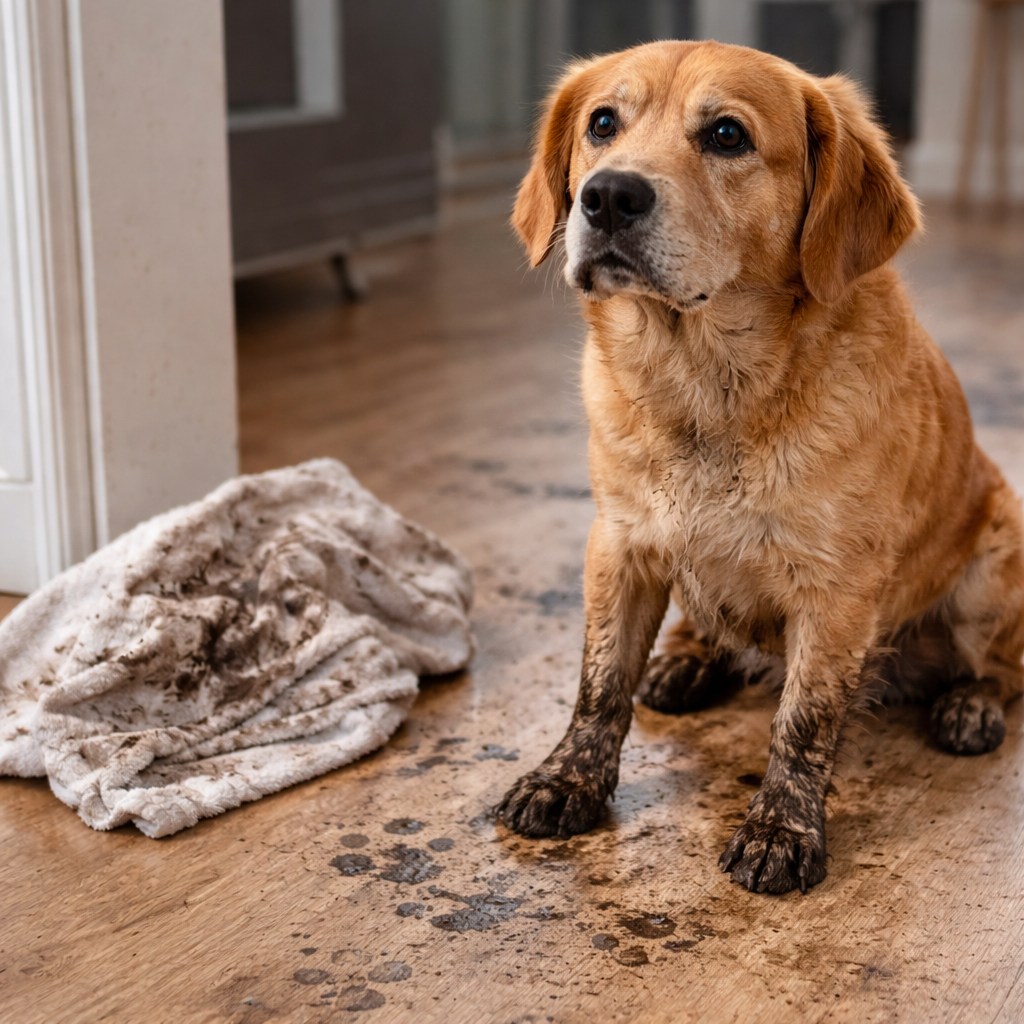 Hund mit schmutzigen Pfoten nach Spaziergang im Regen
