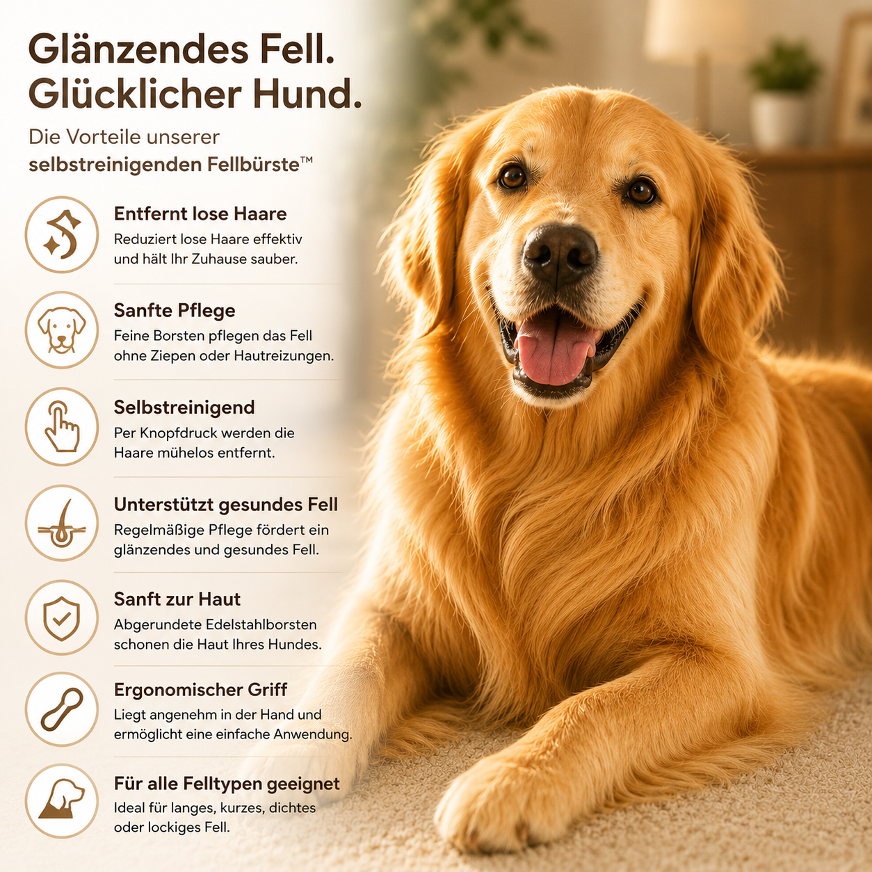 glücklicher Hund nach der Fellpflege mit selbstreinigender Hundebürste