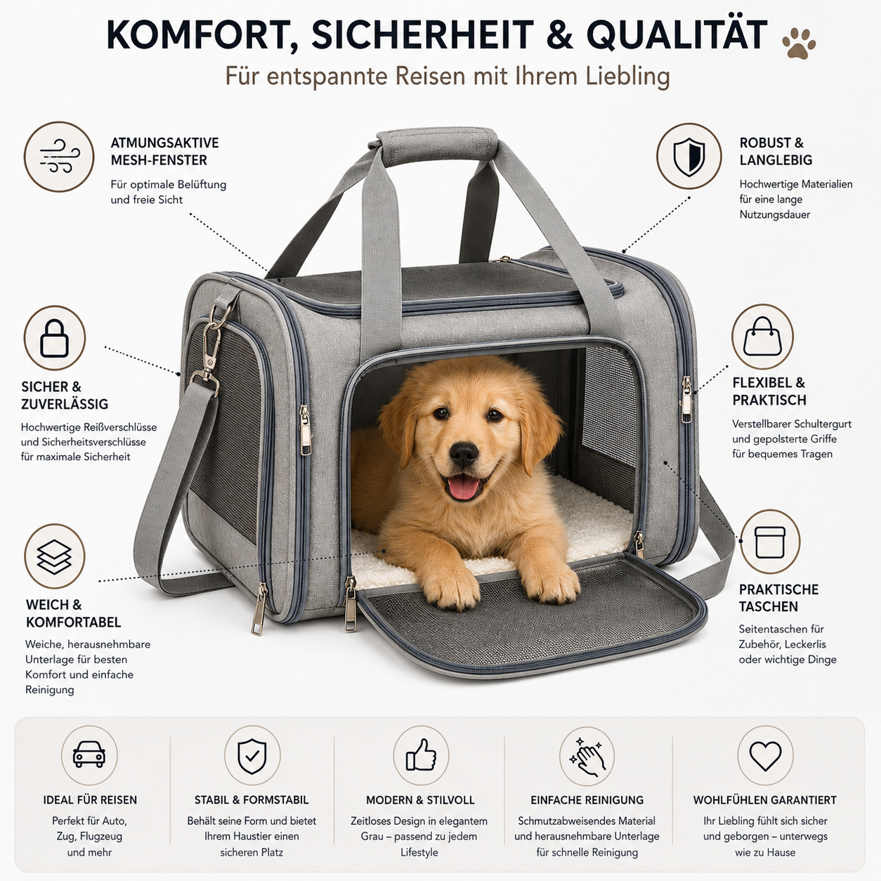 Hund entspannt in faltbarer Transporttasche