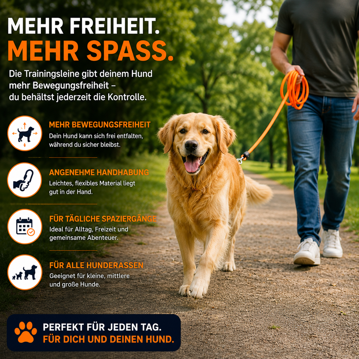 Hund mit Trainingsleine beim Spaziergang