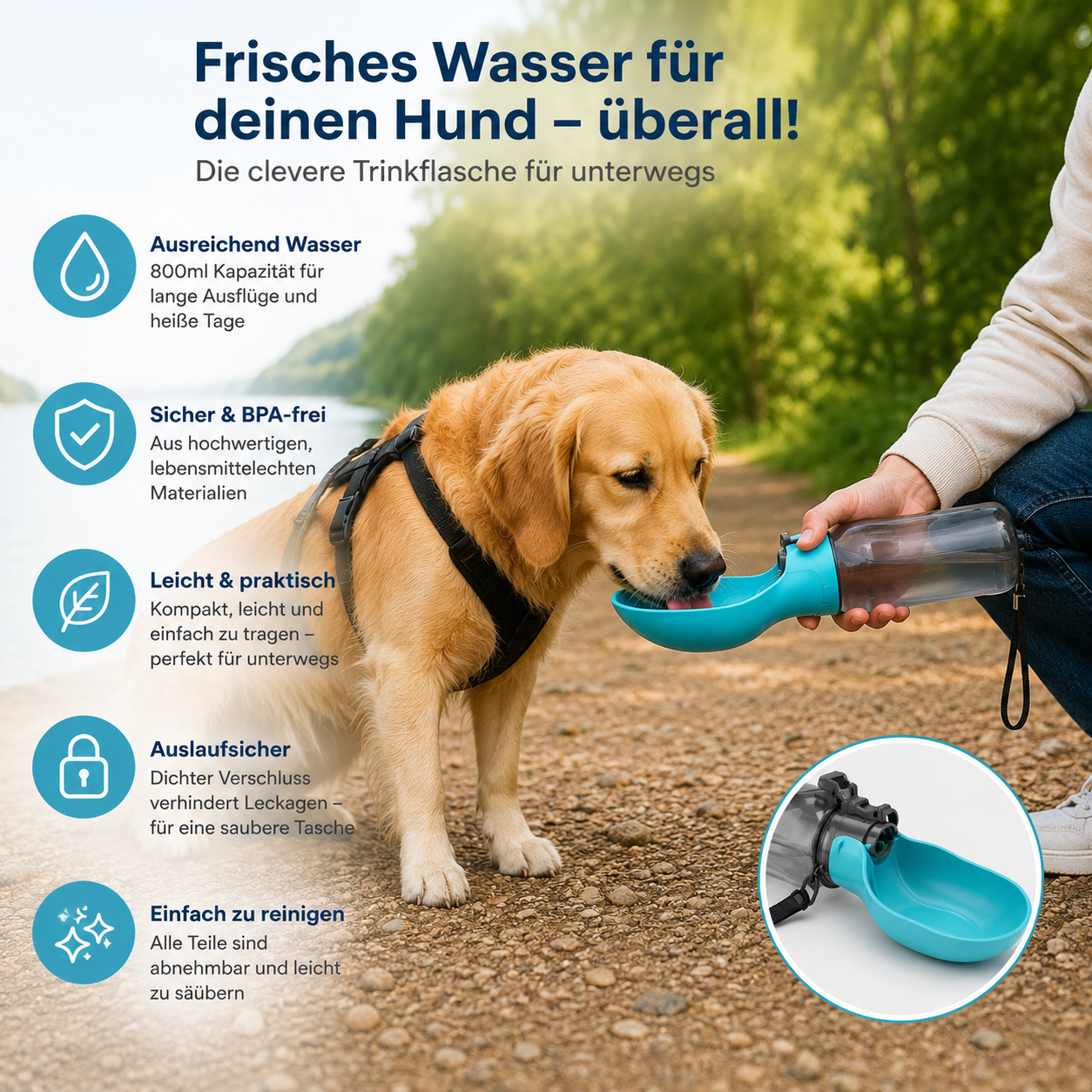 Hund trinkt Wasser beim Spaziergang