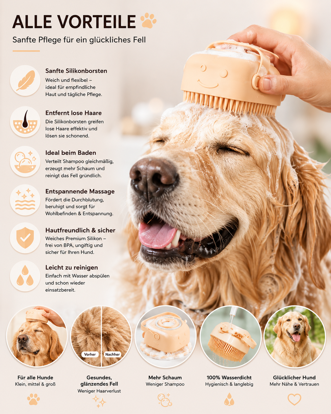 Hund wird mit Massagebürste gebadet
