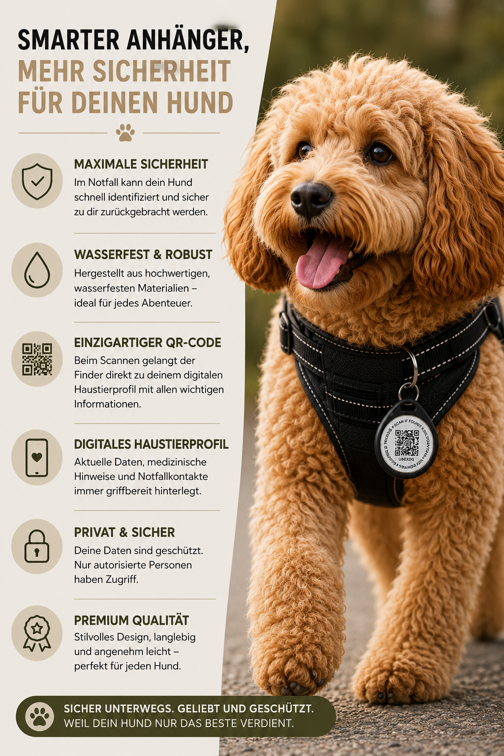 QR Hundemarke am Hundegeschirr befestigt
