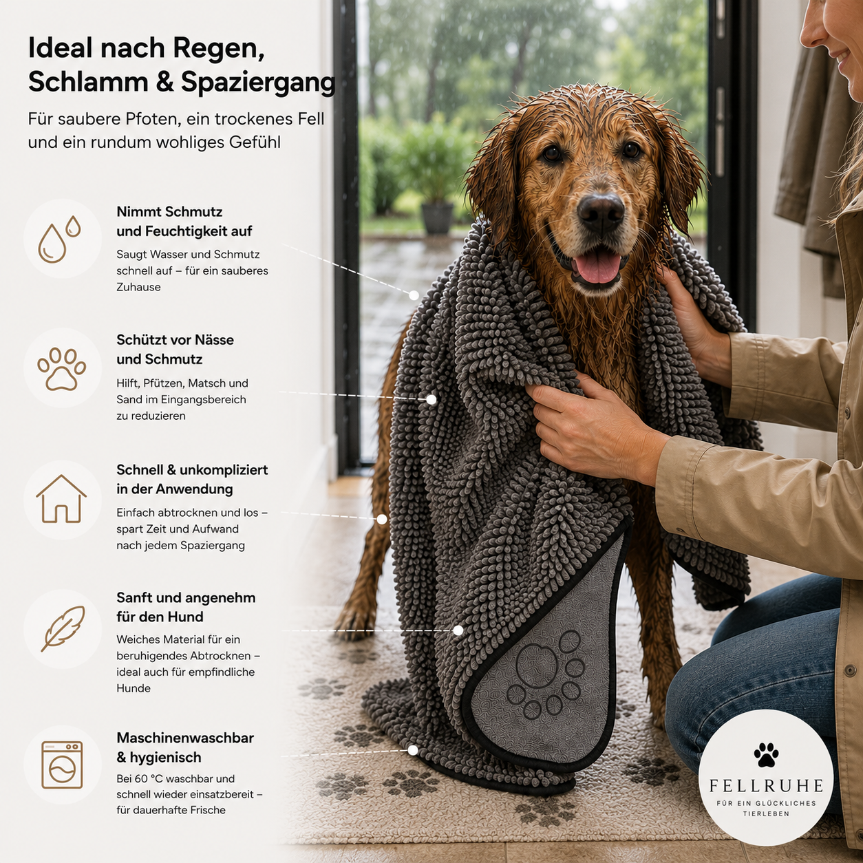 Hund wird mit Mikrofaser Handtuch abgetrocknet – sanft, schnell und gründlich